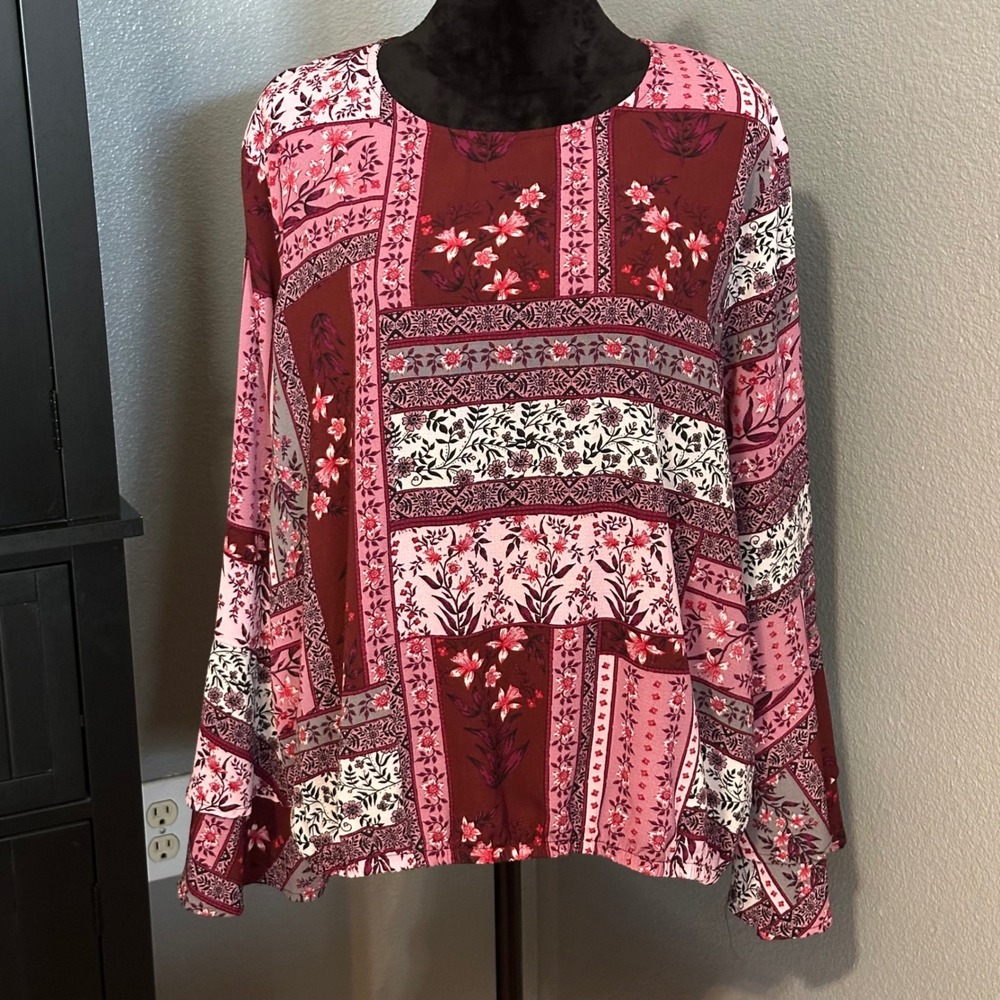 TruSelf Blouse‎ 1X Patchwork Floral Boho Cottagecore Long Sleeve Romantic Artsy